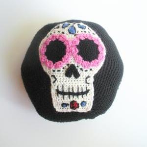 Sugar Skull Pillow, Decorative Crochet Round..
