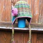 Toddler Girls Crochet Earflap Beanie Hat With Rose..
