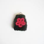 Black Boucle Coin Purse, Pouch With Red Floral..