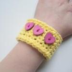 Yellow Cotton Crochet Cuff Bracelet With Pink..