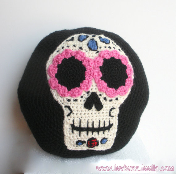 Sugar Skull Pillow, Decorative Crochet Round Accent Pillow With Sugar Skull Applique And Blue Cheetah Print, Ready To Ship.