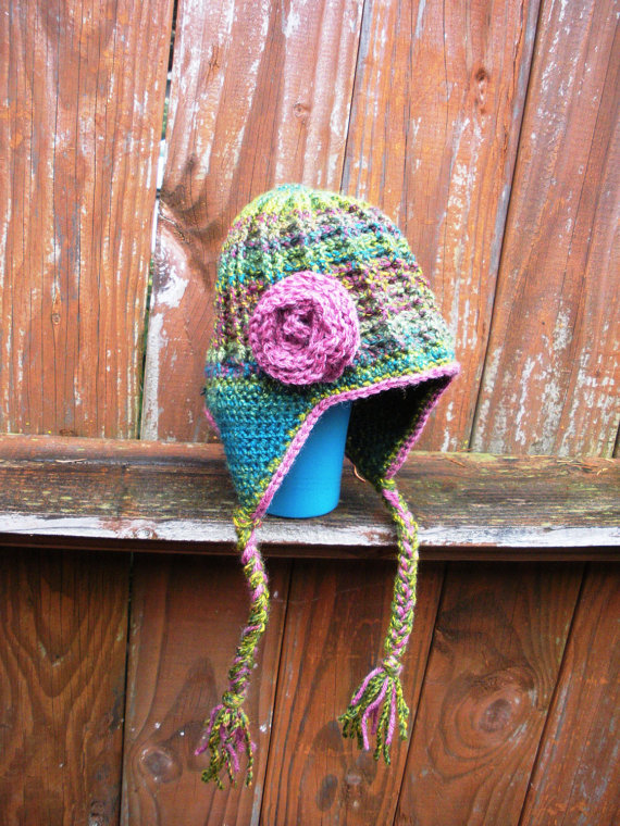 Toddler Girls Crochet Earflap Beanie Hat With Rose Applique, Ready To Ship