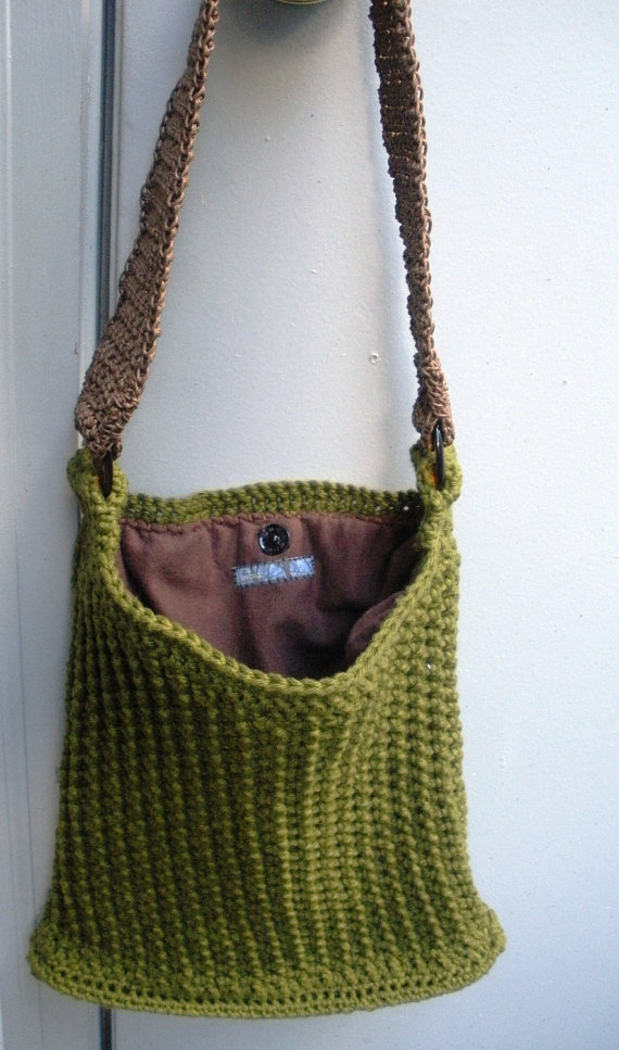 Evergreen Olive Cotton Crochet Purse With Flannel Lining, Ready To Ship.