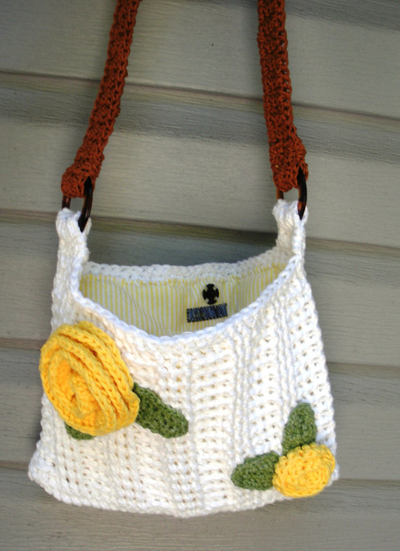 Summer Blooms, Crochet White Cotton Shoulder Purse With Rose Detail And Flannel Lining, Ready To Ship.