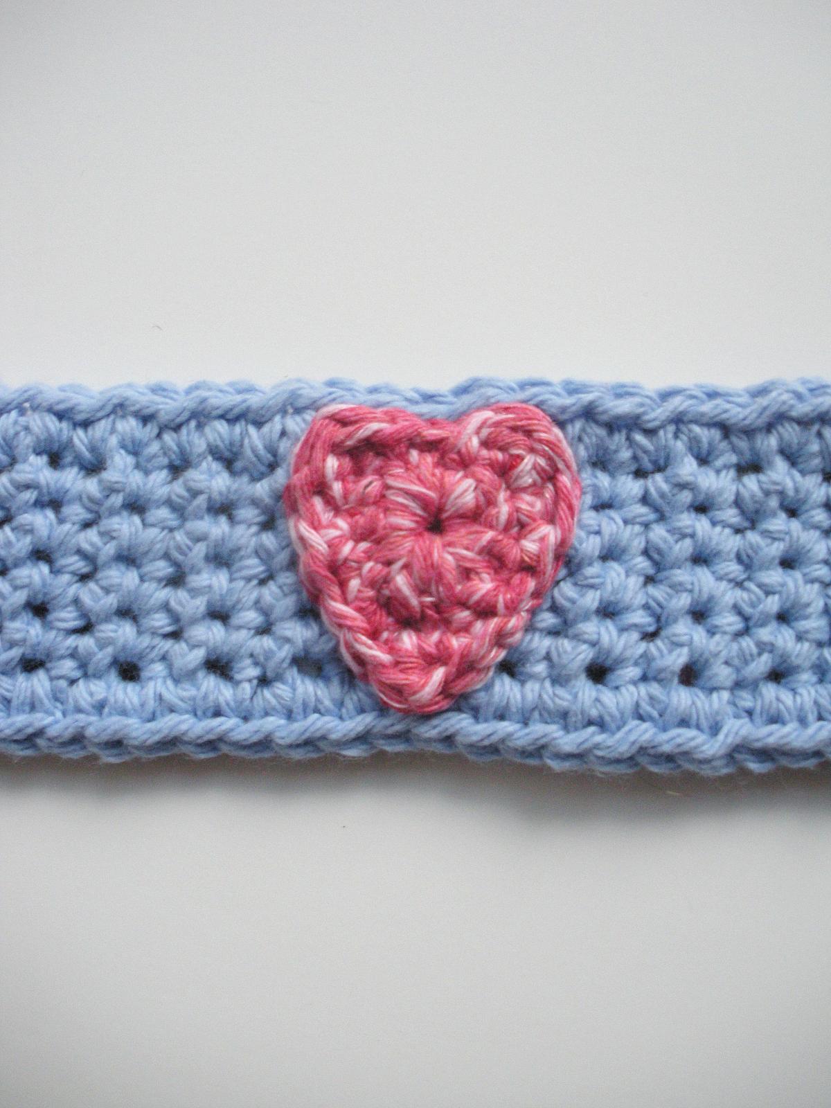 Cotton Crochet Cuff Bracelet In Cornflower Blue With Pink Heart, Ready To Ship.